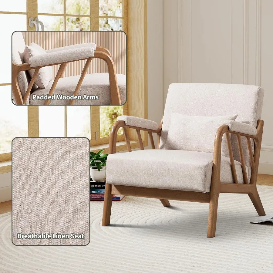Mid Century Modern Accent Chair with Solid Wood Frame and Upholstered Design for Living Room or Bedroom Features Padded Arms Lu