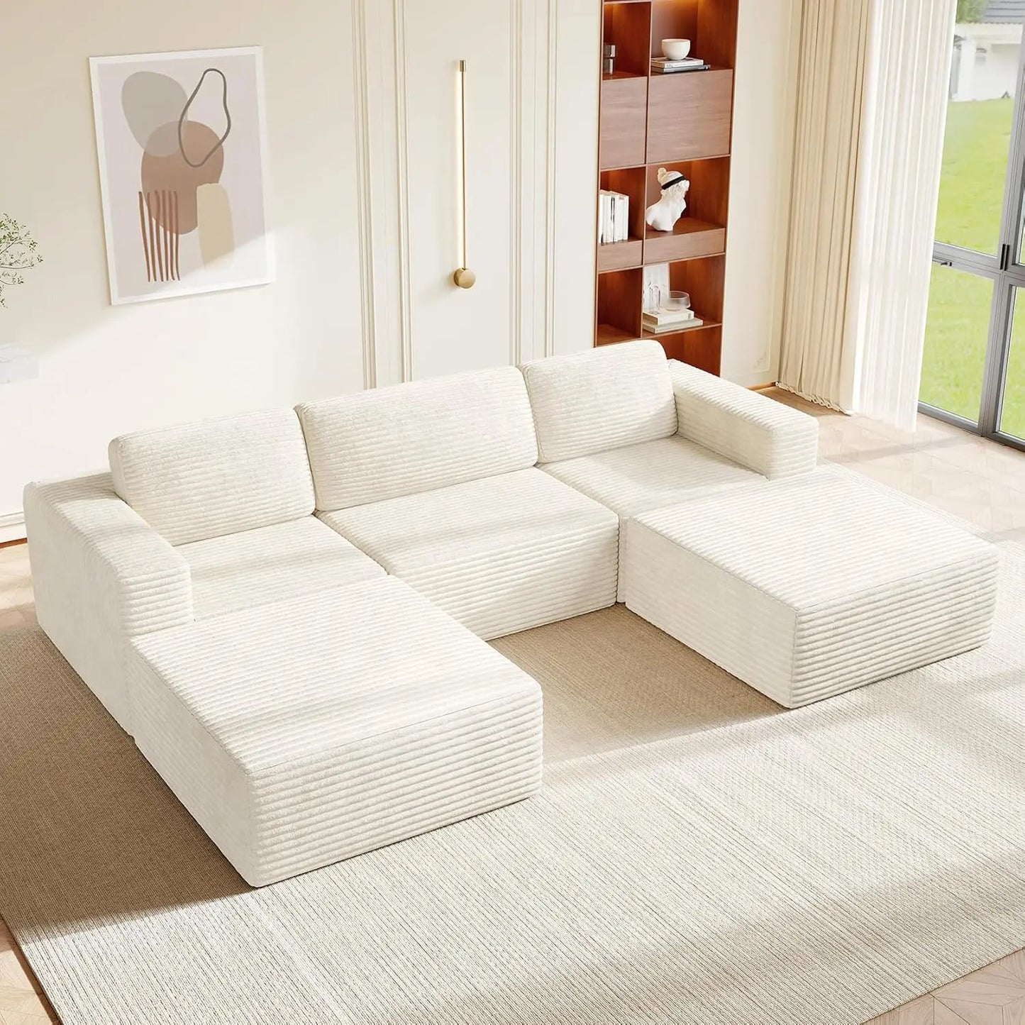 97" L-Shape Modular Sofa, 3-Seat Corduroy Couch with Movable Ottoman, Sectional Sofa for Living Room, Green, Customized