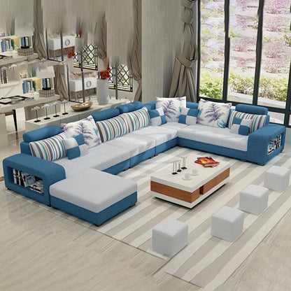 European Luxury Living Room Sofas 7 Seater U Shaped Home Furniture Wooden Fabric Armchair Corner Recliner Sectional  Sofa Set