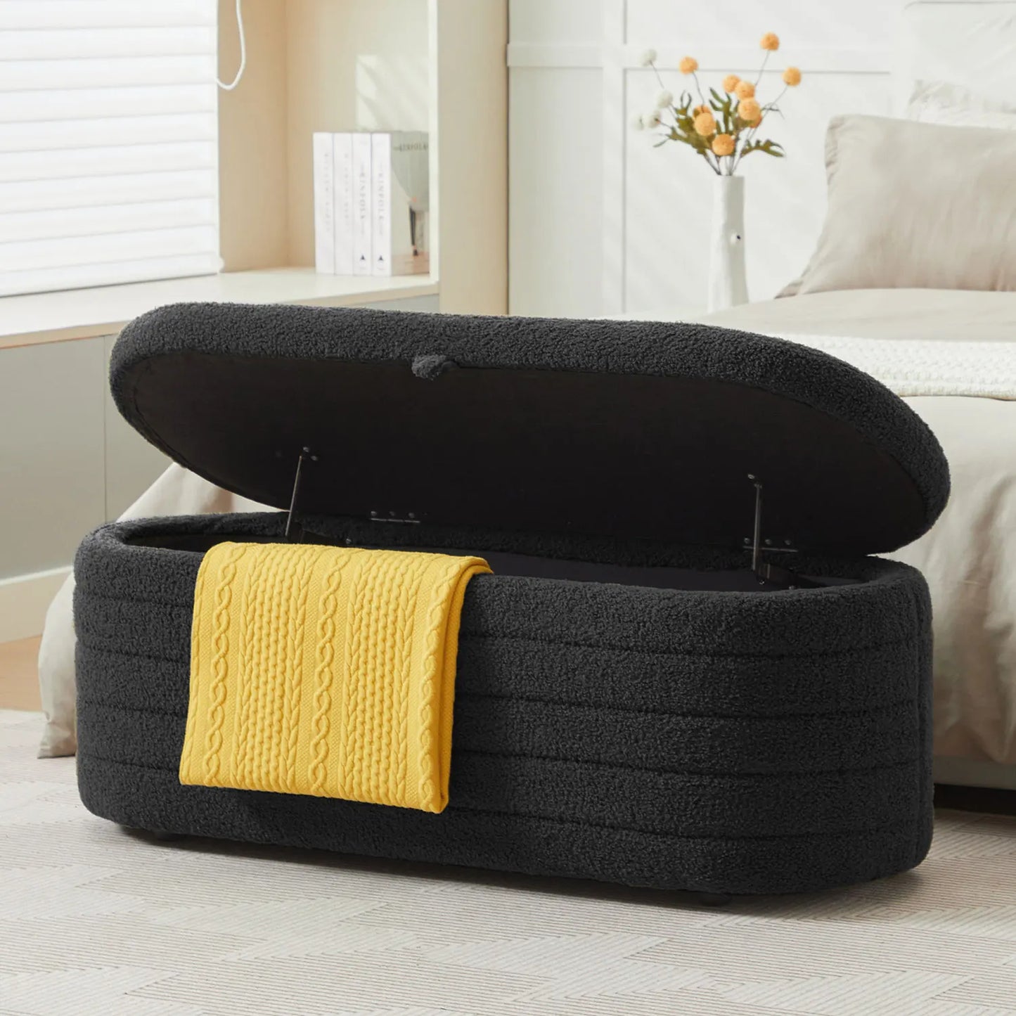 TODRANI 45" Storage Ottoman Bench, 300 Lb Capacity Teddy Upholstered, Safety Hinge, Flip-Top Oval Foot Rest With Foot Pads