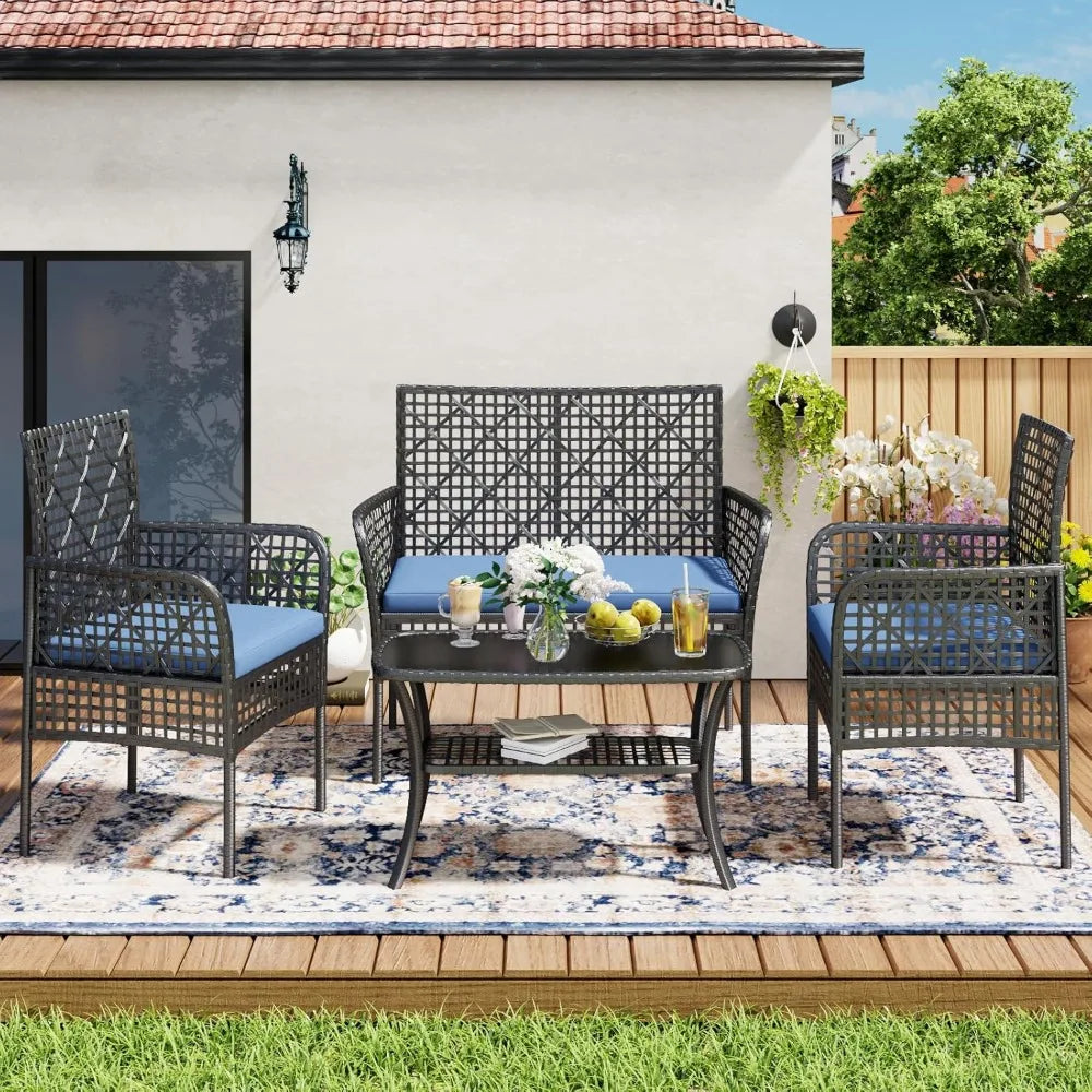 4-Piece Patio Furniture Set, Weather-Resistant Rattan Patio Conversation Set with Two-Tier Coffee Table, Upholstered Openwork