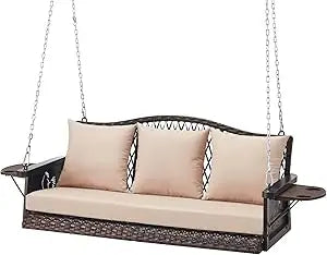 Upgraded Wicker Hanging Porch Swing, Heavy Duty 900 LBS 3-Seat Outdoor Patio Swing Chair Bench, for Adult w/ 8.9ft Hanging Chain