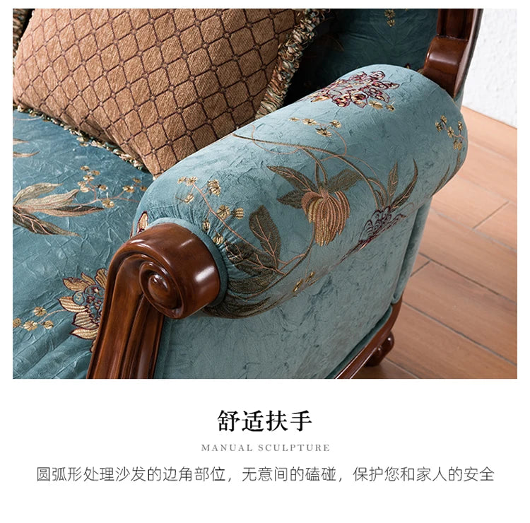 American-style all-solid wood fabric sofa combination three-person furniture set