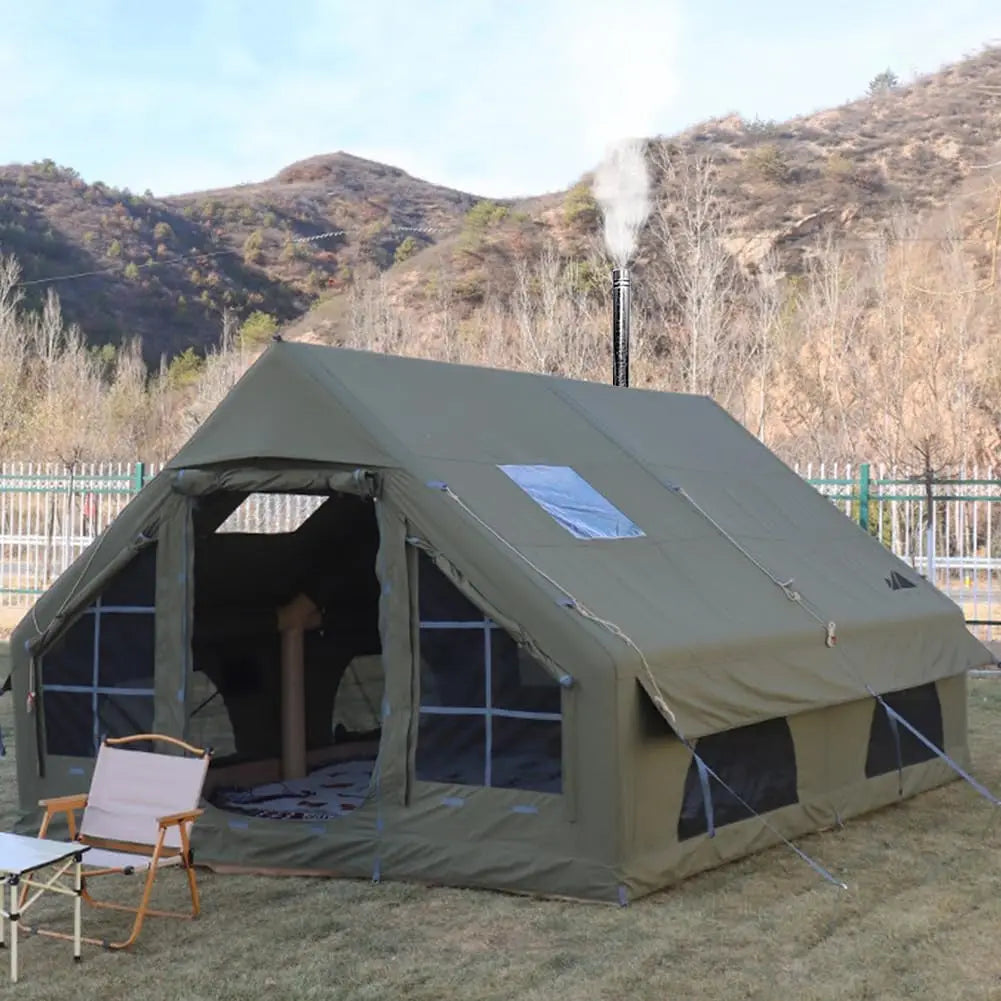 129 SqFT Inflatable Tent ,8-10 Person Blow Up Tent with Stove Jack Hole,4 Season Waterproof Camping Tent Large Pop-Up Tents