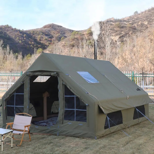129 SqFT Inflatable Tent ,8-10 Person Blow Up Tent with Stove Jack Hole,4 Season Waterproof Camping Tent Large Pop-Up Tents