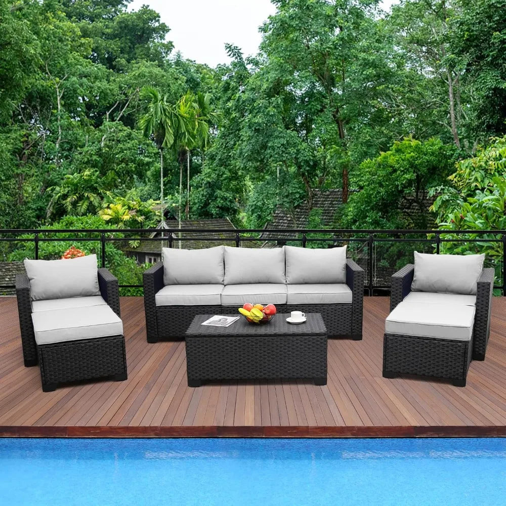 Patio Wicker Furniture Set 6 Pieces Outdoor HDPE Wicker Conversation Couch Sectional Chair Sofa Set with Grey Cushions