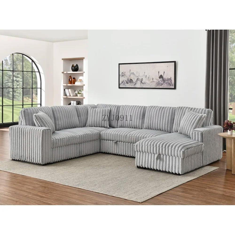 122-Inch lift sofa bed, plush fabric sofa bed with USB port, living room khaki sofa
