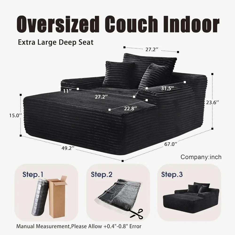 ZS019 Easyhomesofa Oversize Chaise Lounge Chair Indoor,Boneless Couch,Plush Corduroy Sleeper Sofa Bed