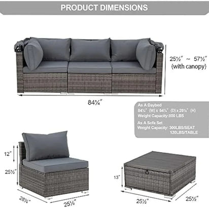 Y 6 Pieces Patio Furniture Sets, Rattan Daybed with Retractable Canopy, Outdoor Sectional Sofa Set with Adjustable Backrest