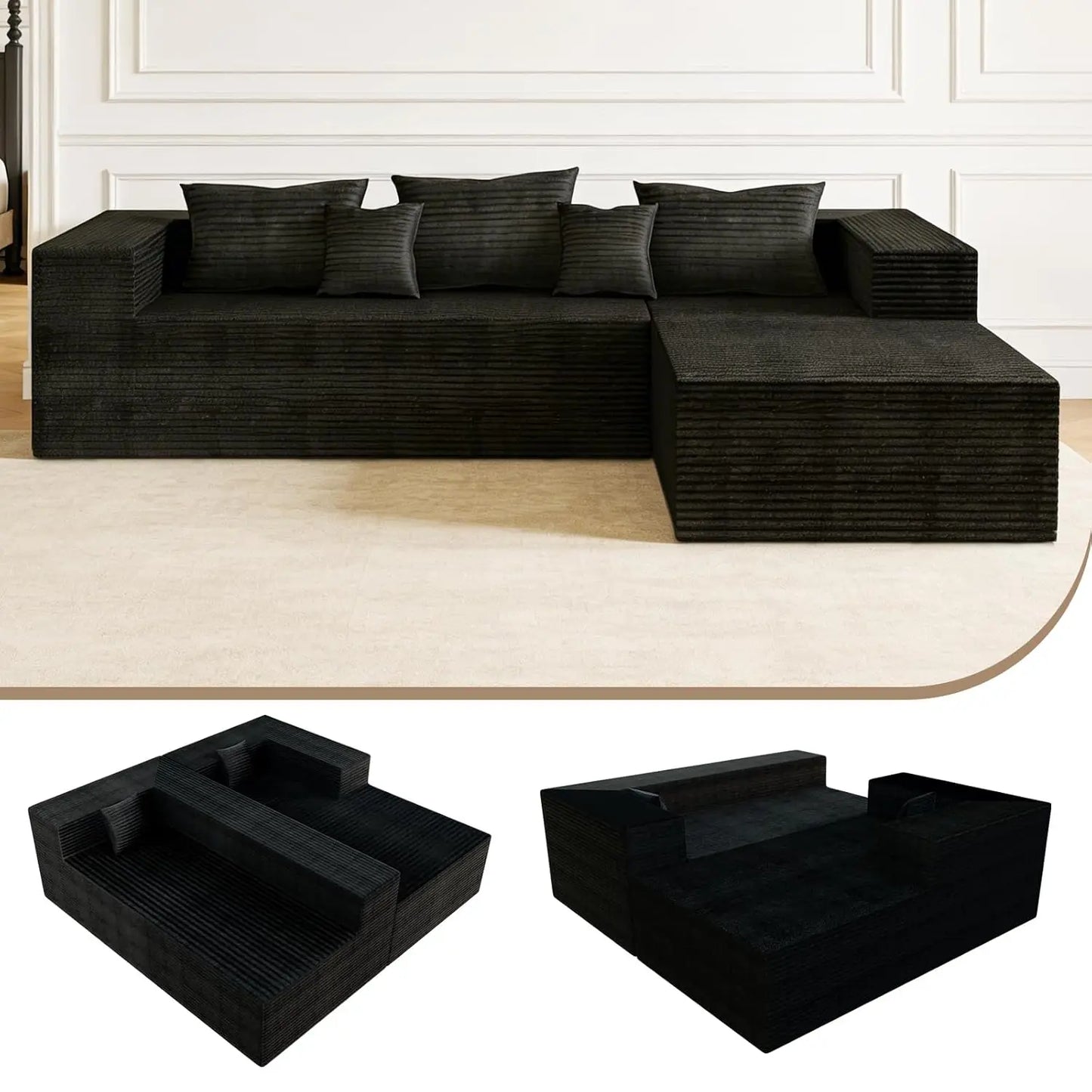 Cloud Couch L-Shaped Sectional Sofa 105.9'' Corduroy Deep Seat Memory Foam Modular Sofa Customizable Boneless Upholstered