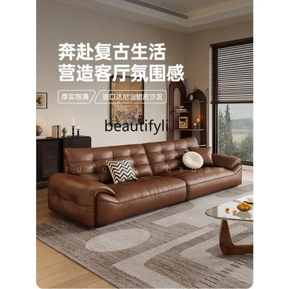 A182 C Oil wax leather sofa first layer cowhide retro living room straight row high backrest