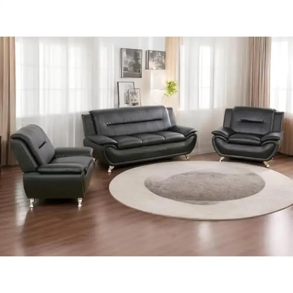 Contemporary Faux Leather Sofa Set Living Room Furniture Full Set Black-B 3PCS)