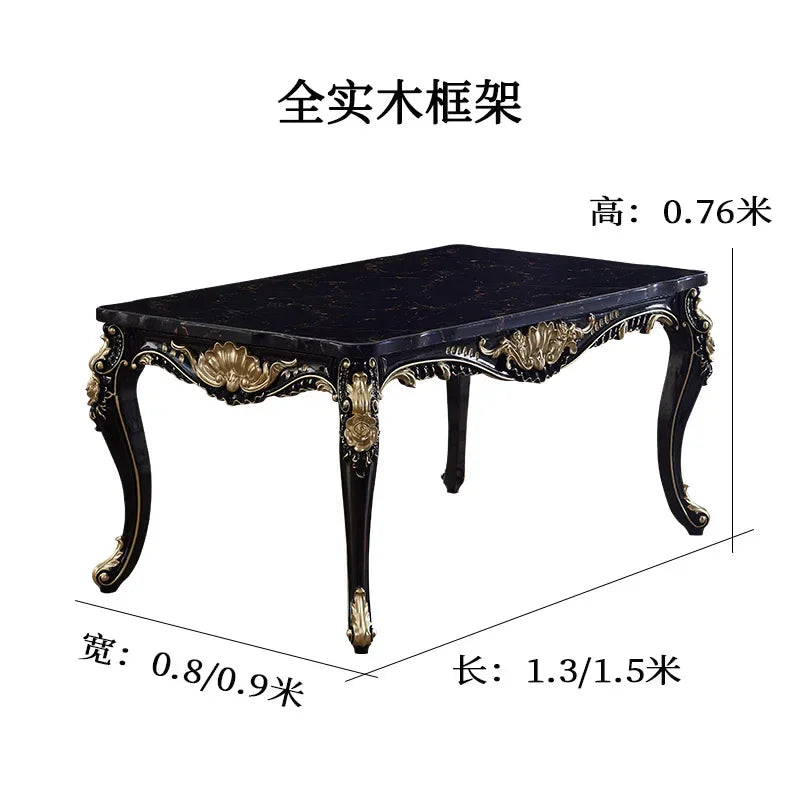 Marble dining table and chair combination European solid wood carving flower rectangular restaurant household dining table