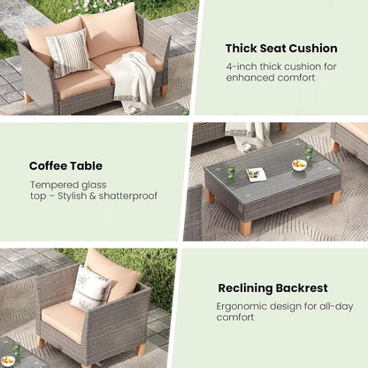 5-Piece Patio Furniture Set, Thickened Rattan Sectional Outdoor Sofa with Glass Top Table, Reclined Backrest and, Customized