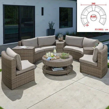 Sofa, courtyard, garden, leisure, outdoor living room, semi circular curved rattan chair, terrace, outdoor furniture combination