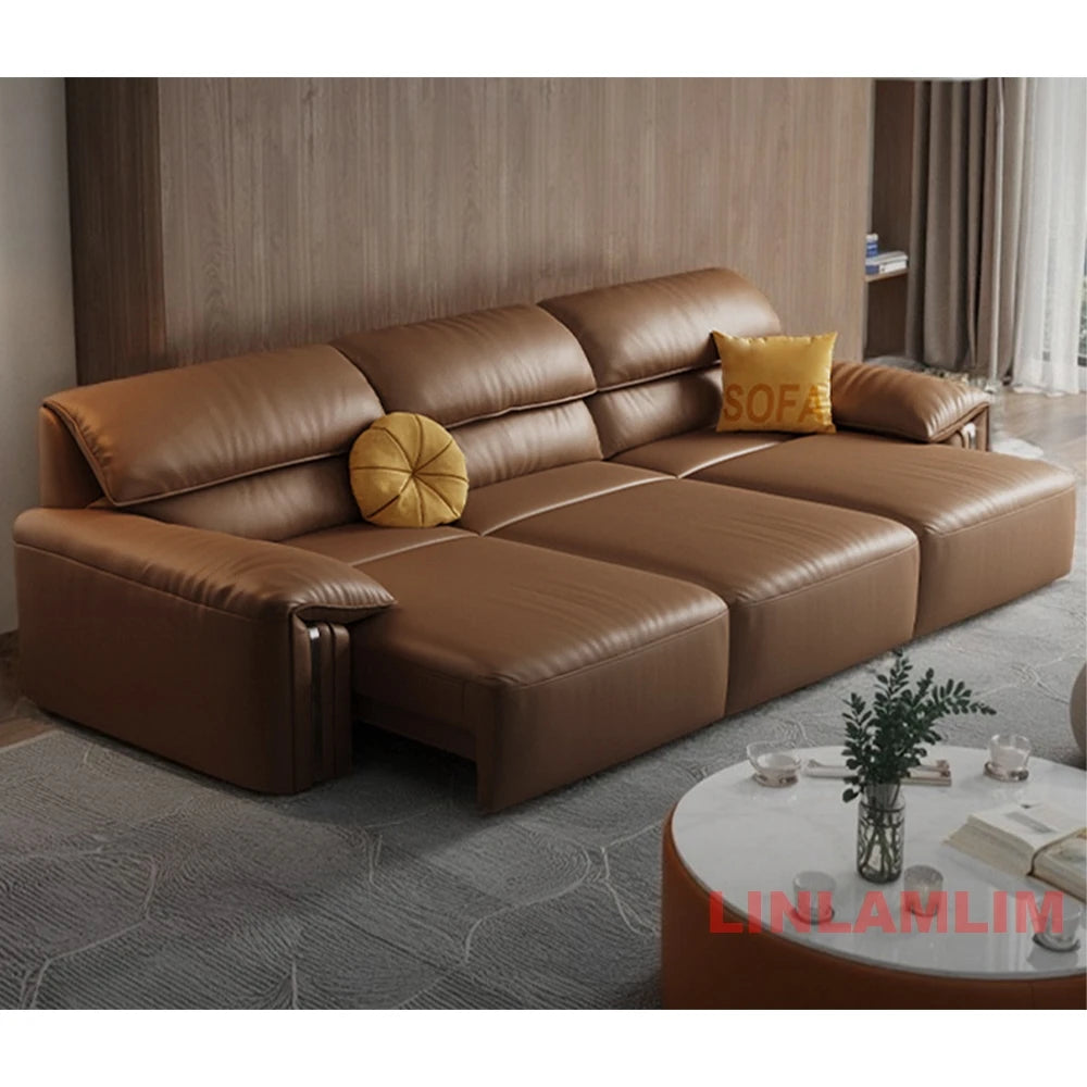 Modern Convertible Genuine Leather Sofa Bed – Multi-functional Electric Sleeper Couch with Adjustable Seats & Wide Chaise Lounge
