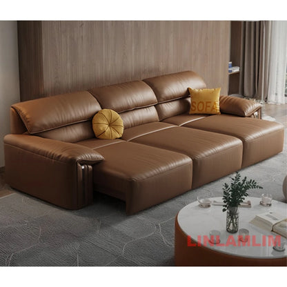 Modern Convertible Genuine Leather Sofa Bed – Multi-functional Electric Sleeper Couch with Adjustable Seats & Wide Chaise Lounge