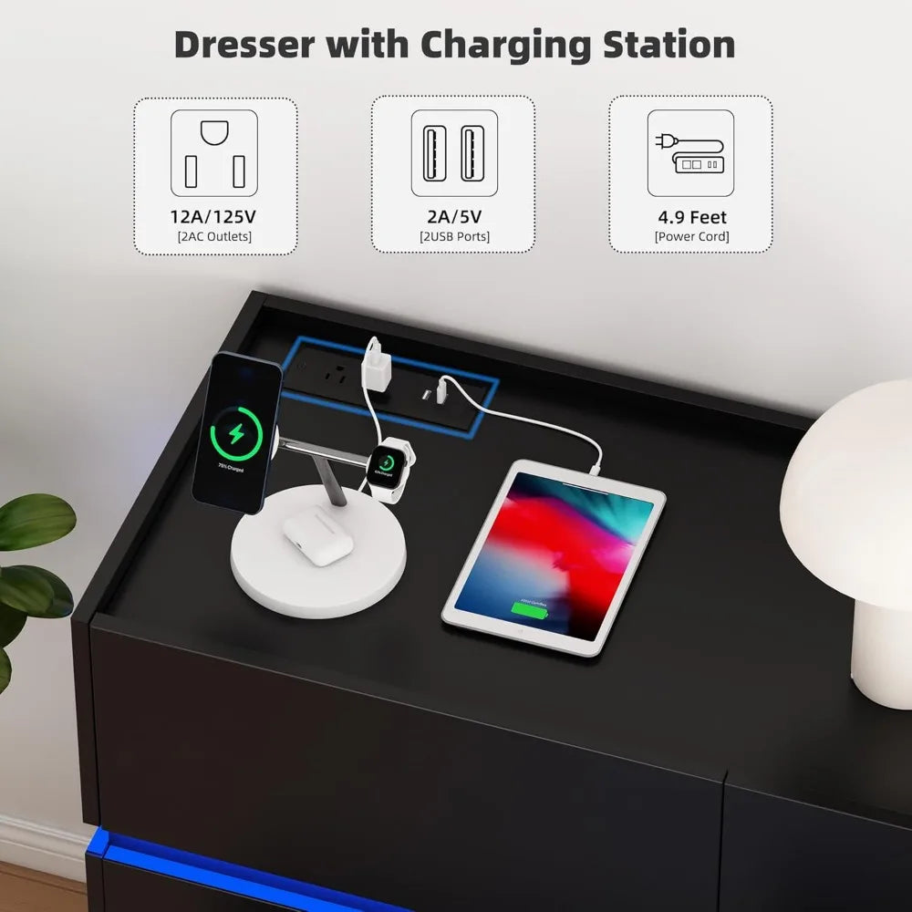 Black Dresser 9 Drawers - 61.4 Wide Chest of Drawer Organizer with Charging Station and LED Lights, Modern TV Stand Drawer Cabin