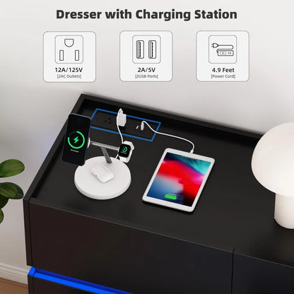 Black Dresser 9 Drawers - 61.4 Wide Chest of Drawer Organizer with Charging Station and LED Lights, Modern TV Stand Drawer Cabin