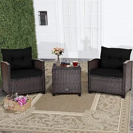 3 Piece Patio Furniture Set, Wicker Bistro Conversation Set w/ 2 Cushioned Armchairs & Glass Topped Table, Outdoor Rattan Sofa