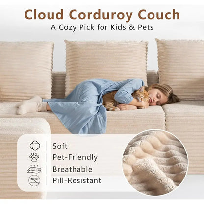 Boneless Couch, Cloud Couch Sectional, 106" L-Shape Modular Sectional Sofa with Ottoman, Corduroy Sofa for Living Room, Bedroom