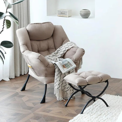 Reading Lounge Chair Set, Lazy Chair with Ottoman & Pocket, Khaki Upholstered