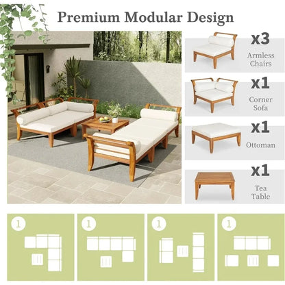 6 Piece Patio Sofa Set, Acacia Wood Outdoor Modular Sectional Garden Furniture Set L-Shaped Conversation Set,Convertible Daybed
