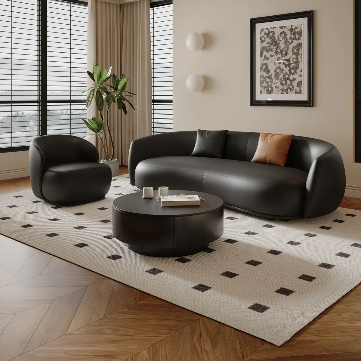 small apartment curved beauty salon Internet celebrity clothing store, rest area negotiation, black leather sofa