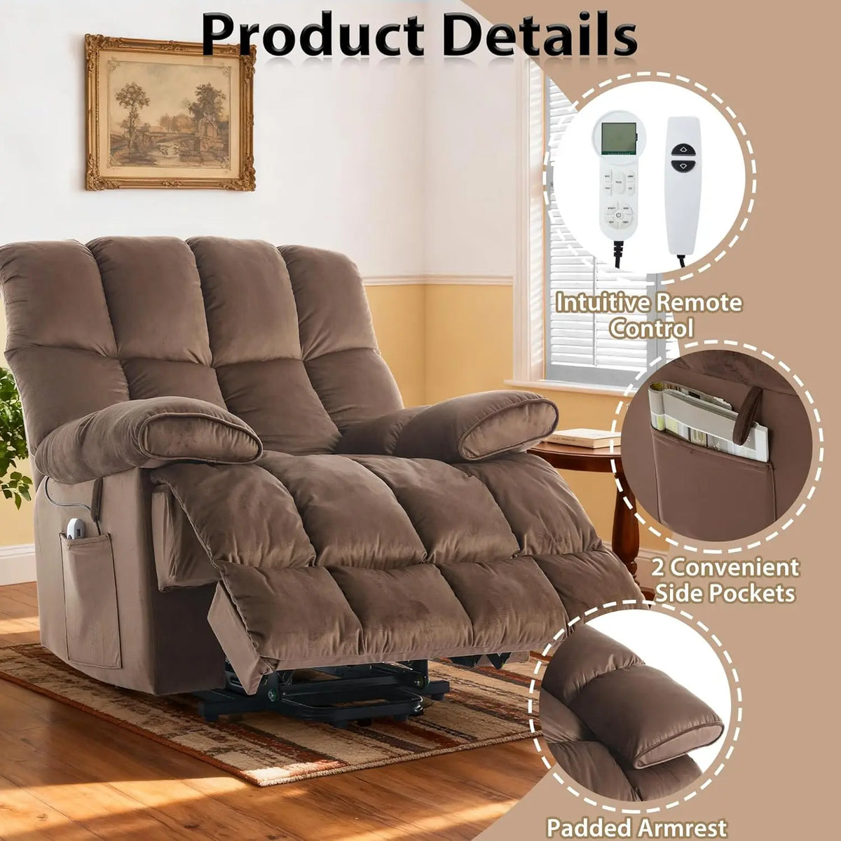 Electric Velvet Power Lift Recliner Chair with Heat Massage And Side Pockets for Elderly Home Theater Seating Customized Comfort