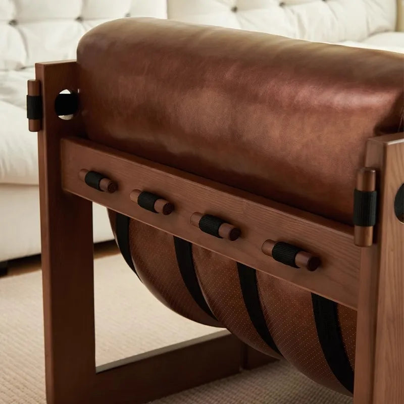 Retro single solid wood sofa chair living room designer casual leather lying down