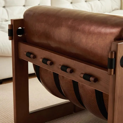 Retro single solid wood sofa chair living room designer casual leather lying down