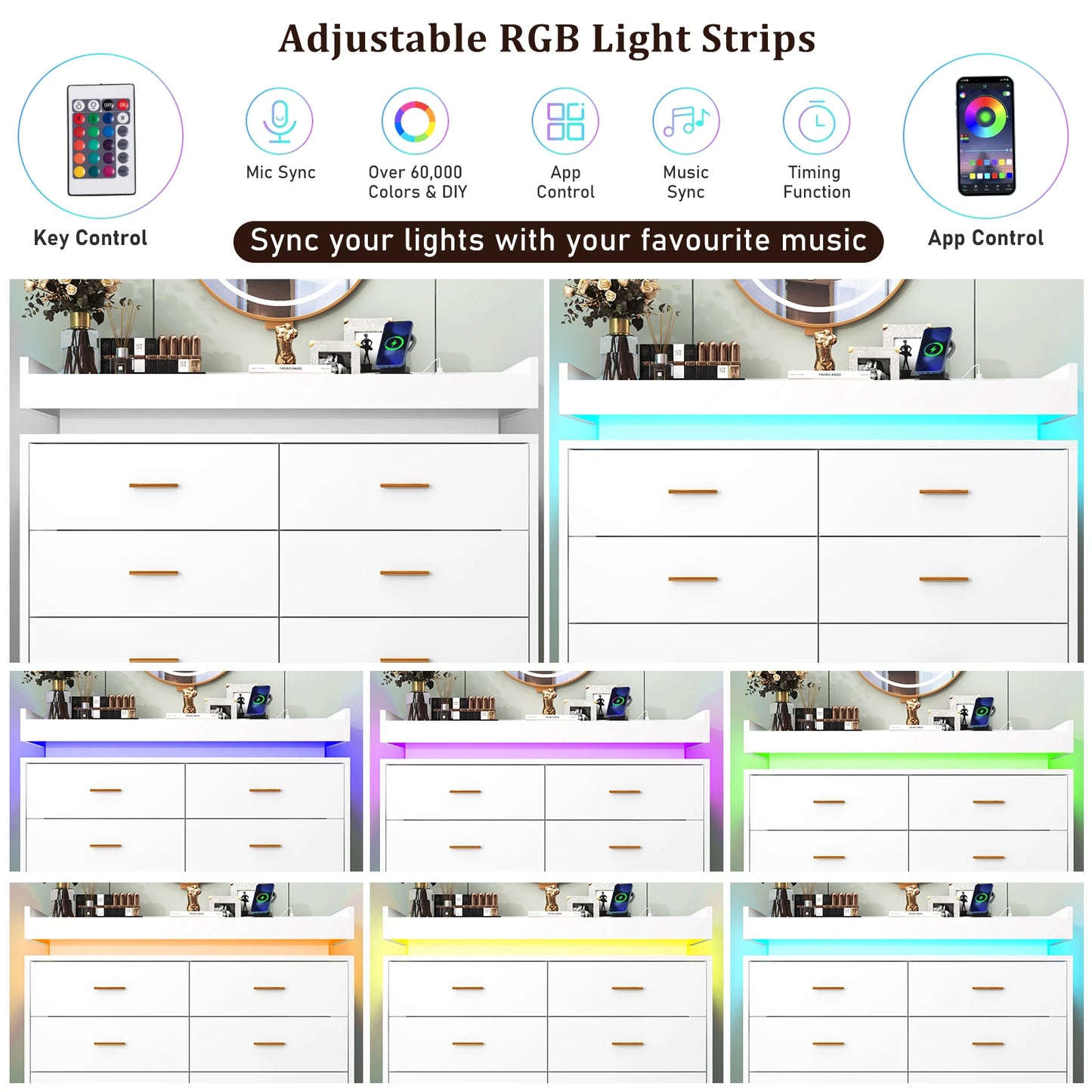 8 Drawer Dresser with LED Light, Modern Chest of Drawers for Closet, 47" Wide Drawer Organizer Cabinet for Bedroom, Living Room