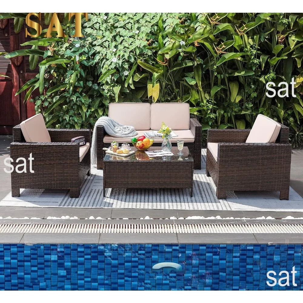 # l 4-piece courtyard furniture set, rattan chair and willow dialogue sofa set, suitable for outdoor, indoor, garden and balcony