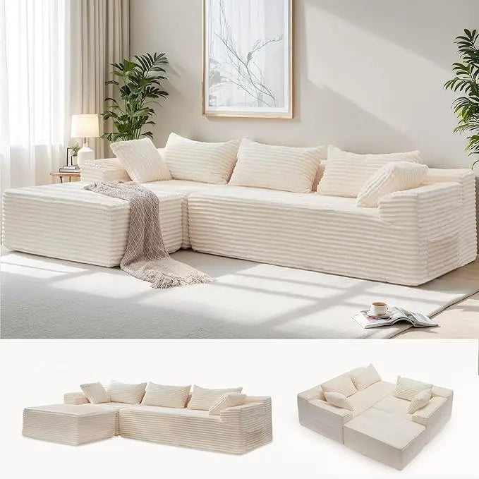 L-Shaped Modular Couch, Cloud-Soft Corduroy Sectional Sofa with Deep Seating and Pockets, Ready to Use in Living Room,Customized