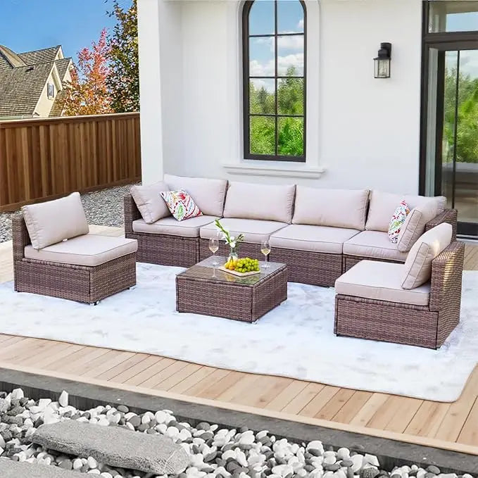 7Pieces Patio Furniture Set - All-Weather Outdoor Wicker Sectional Conversation Sofa, Rattan Patio Seating Sofa Set with Cushion