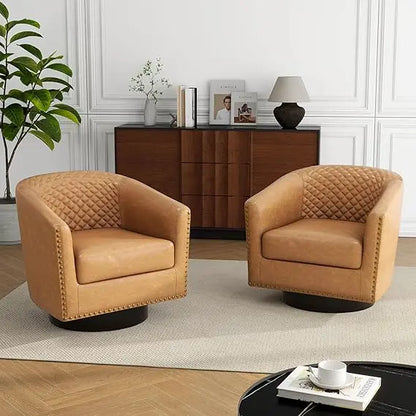 Swivel Barrel Accent Chairs, Comfortable Modern Upholstered Round Faux Leather Armchairs for Living Room and Bedroom, Beige, Set