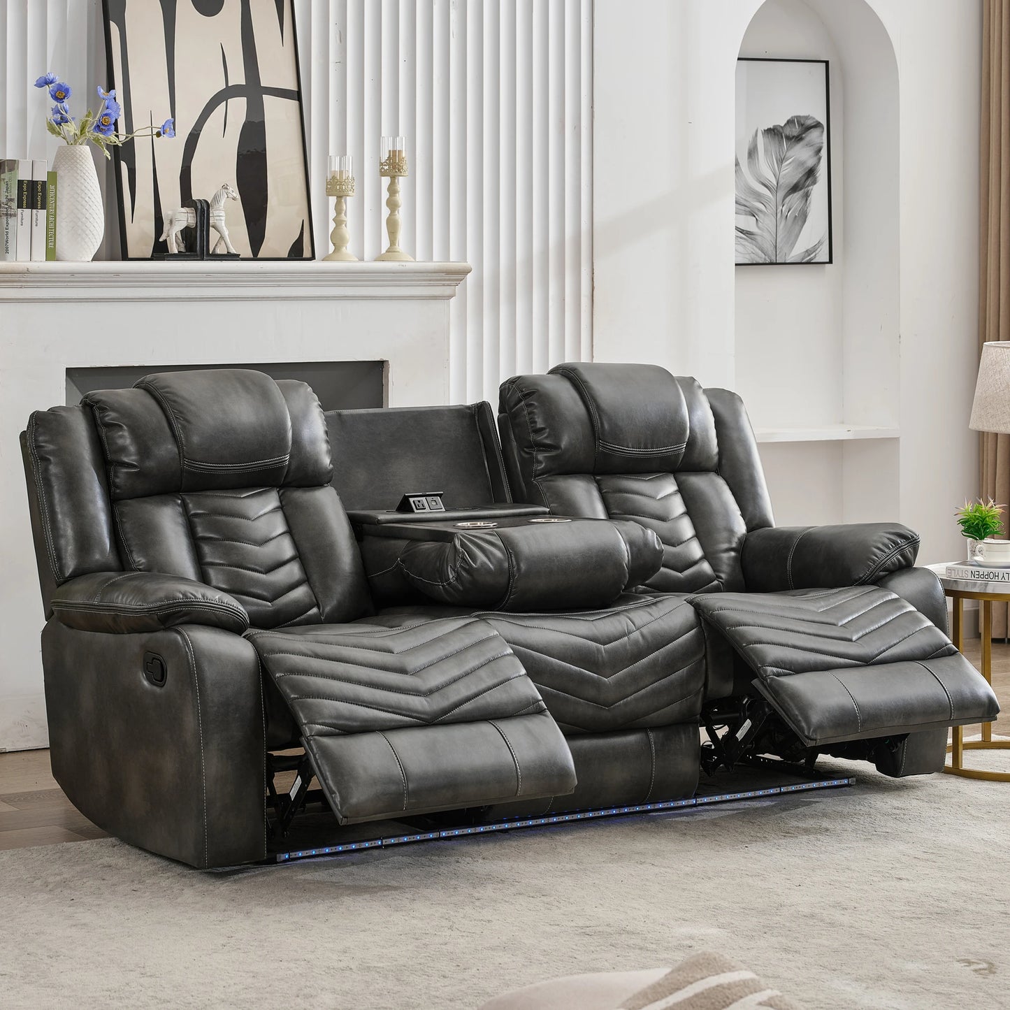 3 Seats Manual Reclining Sofa with Wireless Charger,LED Floor Lights, Drop-down Table, USB/Type-C Port (M073)