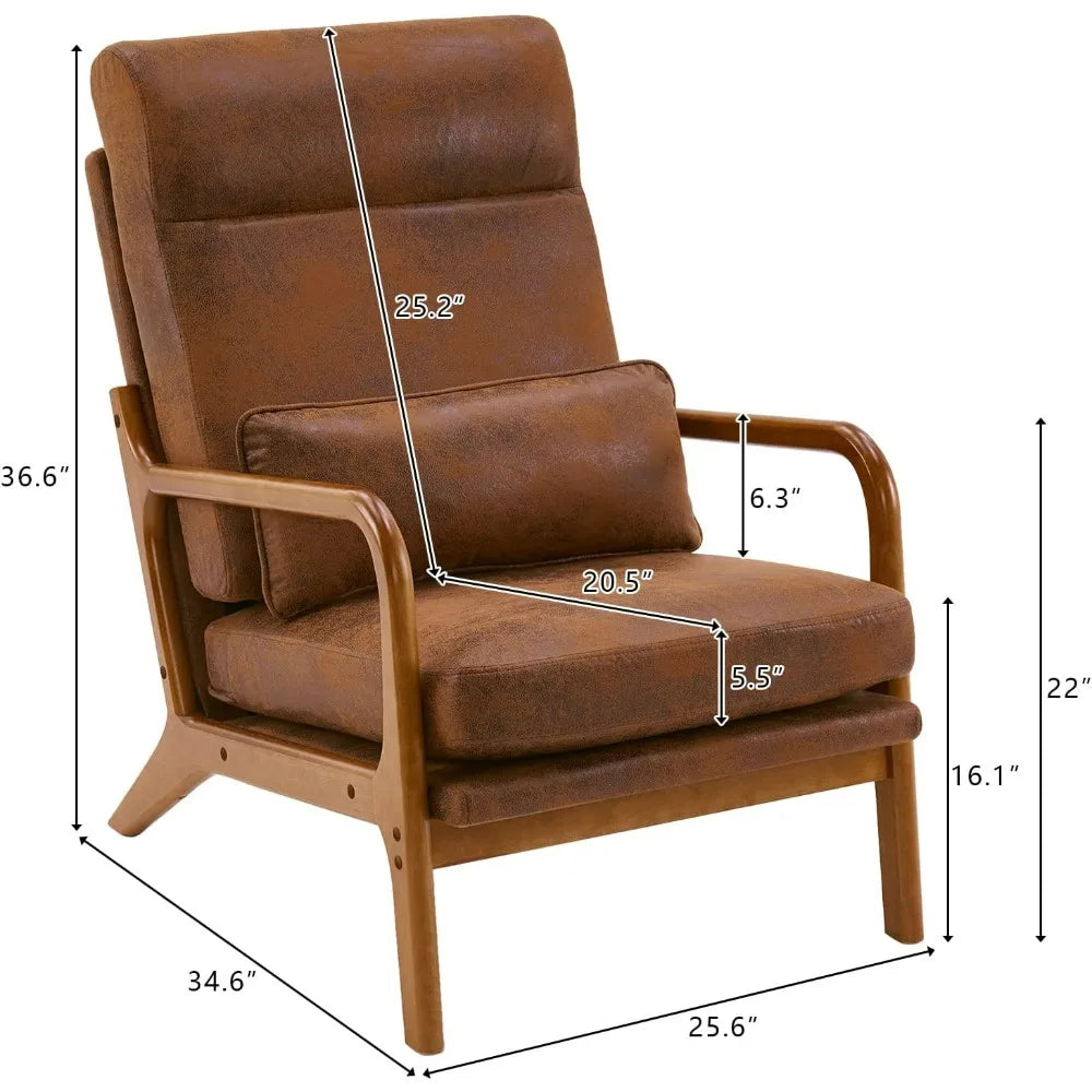 Mid-Century Modern Chair with Pillow High Back Bronzing Cloth Upholstered Lounge Arm Chair with Solid Wood Frame & Soft Cushion