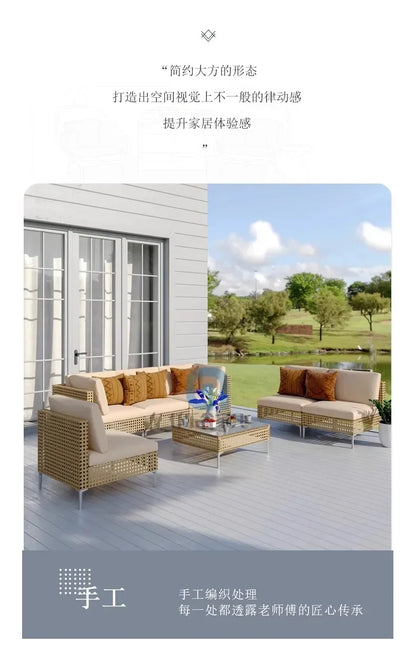 XJC Outdoor Rattan Sofa Combination Bed And Breakfast Balcony Courtyard Outdoor Open-air Garden Sun Room Leisure Small