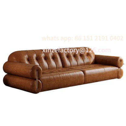 Customizable  leather sofa small apartment living room home apartment medium antique style old brown straight row French sofa