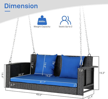 Porch Swing 2 Person Hanging Bench, Wicker Outdoor Swing Bench with Cushion and Pillow for Patio, Yard, Garden Hold Up to 800 l