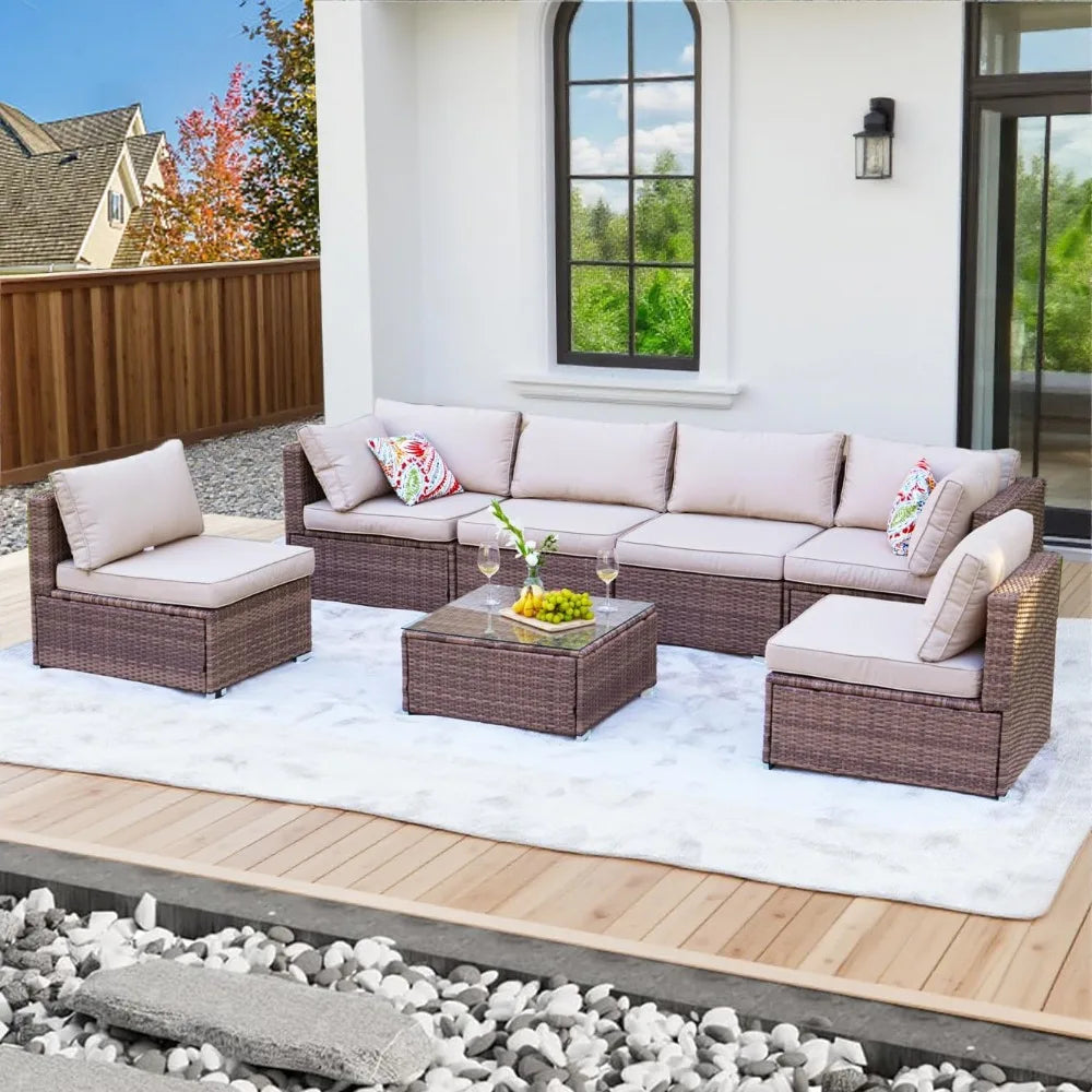 7Pieces Patio Furniture Set - All-Weather Outdoor Wicker Sectional Conversation Sofa, Rattan Patio Seating Sofa Set with Cushion