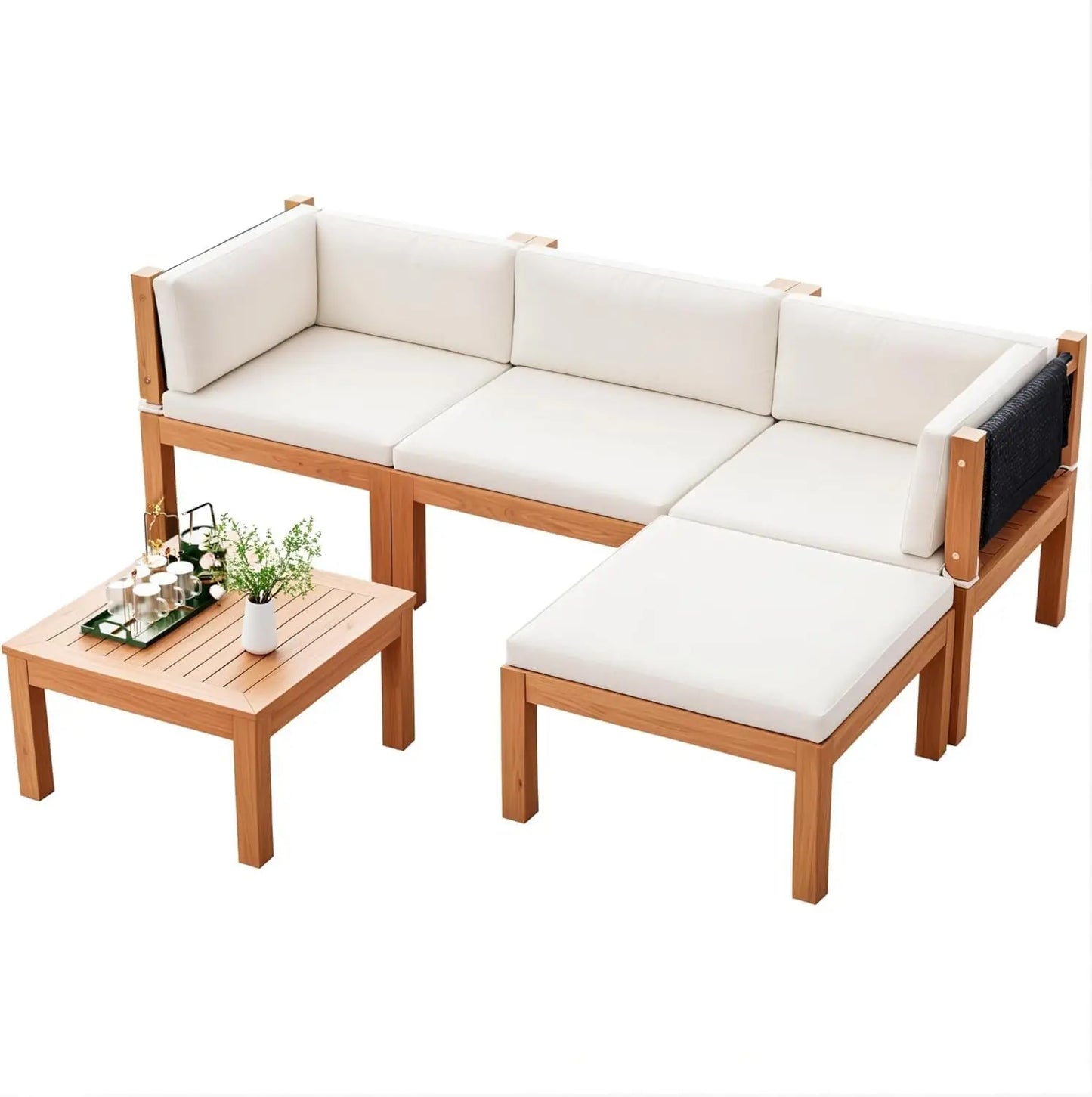 5 Pieces Acacia Wood Outdoor Sectional Sofa Set with Coffee Table, Outdoor L-Shaped Couch with All-Weather Cushion for Patio