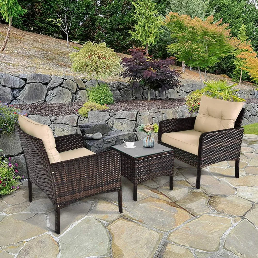 3 Pieces Patio Furniture Set Outdoor Rattan Wicker Coffee Table & Chairs Set with Seat Cushions Patio Conversation