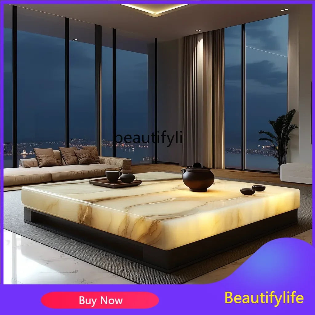 Large flat-layer luminous coffee table jade luxury stone square marble natural light luxury new Chinese Zen leisure area