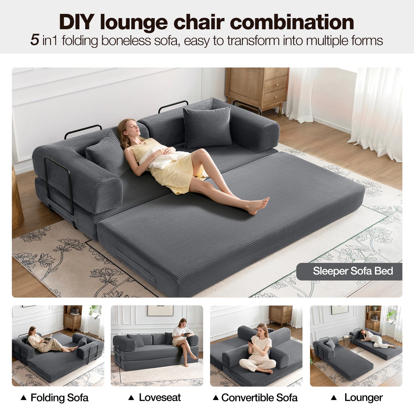 79" Convertible Sofa Bed with Fixed-Shape Frame, Modular Corduroy Sleeper Sofa, Folding Mattress Couch for Small Spaces