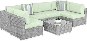 Seven Piece Modular Set, Outdoor Sectional Wicker Patio, Conversation With Two Pillows, Coffee Table Cover Included