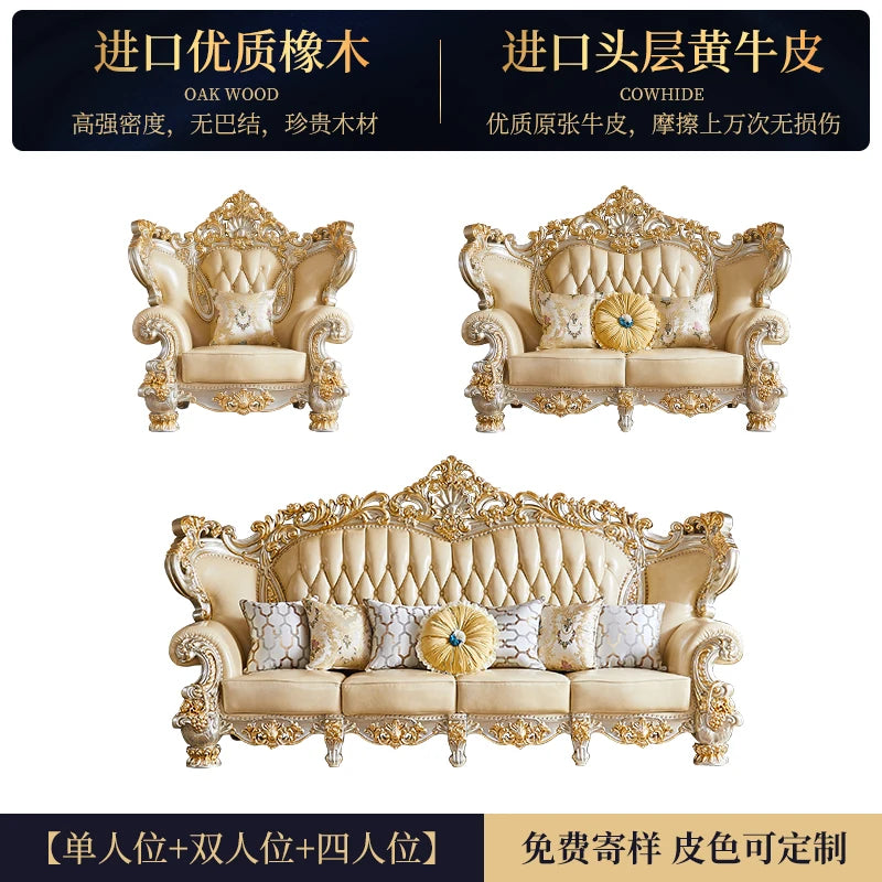 Luxury Couch Living Room Sofa Genuine Leather Solid Wood Living Room Sofa Elegant Europe Canape Salon Home Furniture