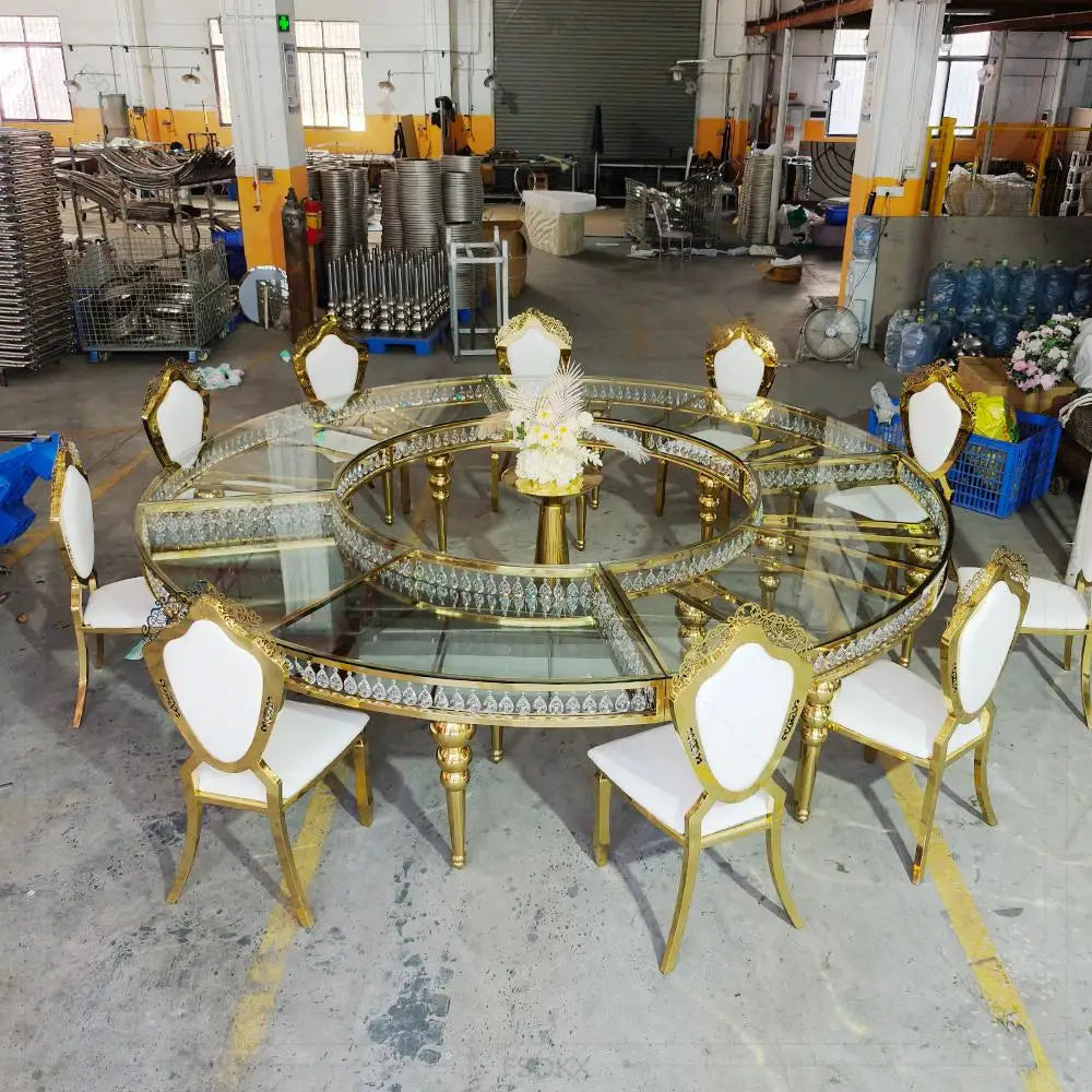FSDKX Luxury S Shape Table for Wedding Glass Stainless Steel Circle Serpentine Table Wedding Crystals Hotel Banquet Dining Table