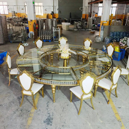 FSDKX Luxury S Shape Table for Wedding Glass Stainless Steel Circle Serpentine Table Wedding Crystals Hotel Banquet Dining Table